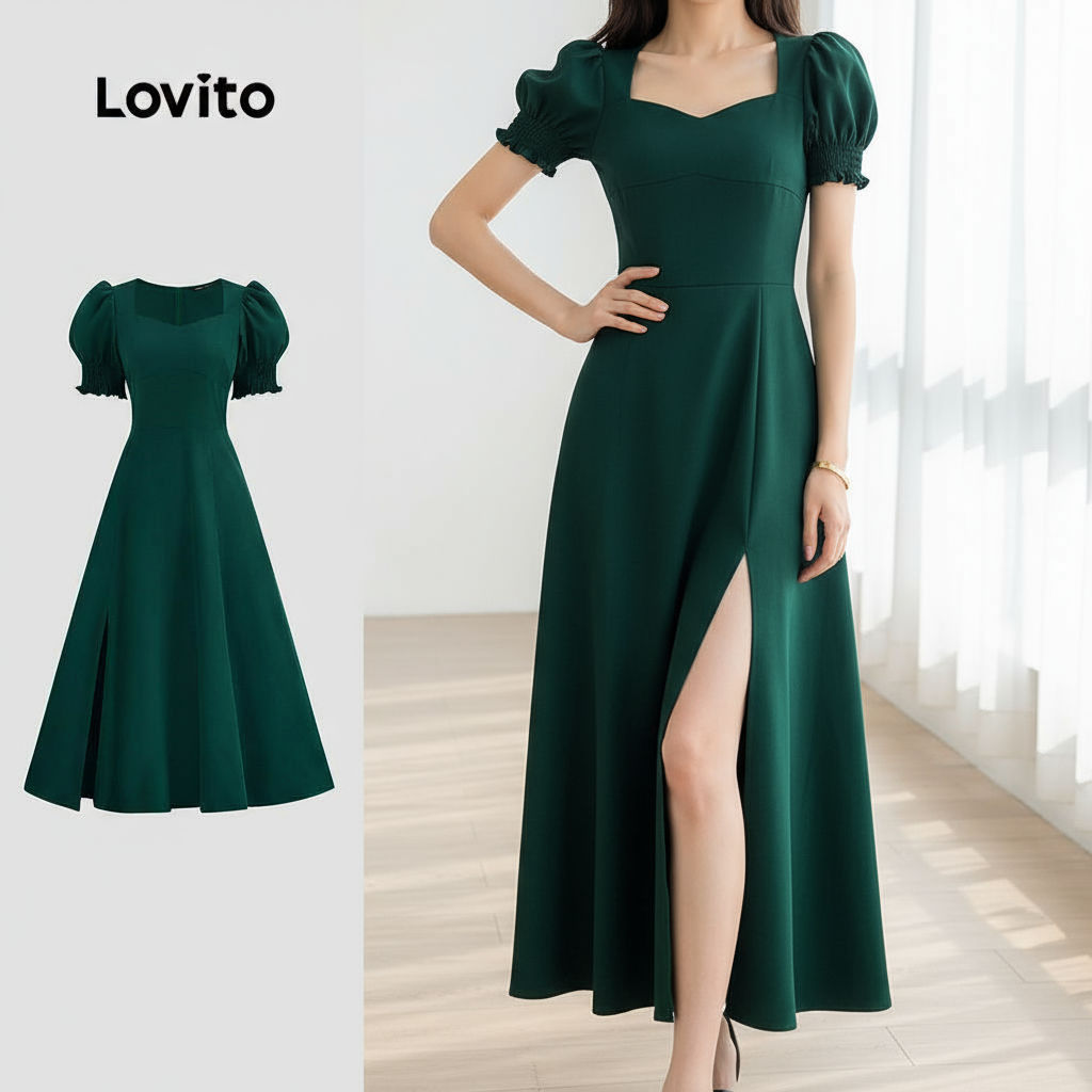 Lovito Vestido feminino elegante com corte reto e frente dividida L129ED267 em Oferta na Shopee