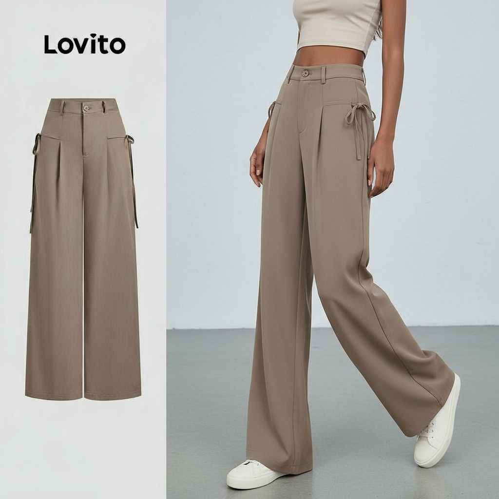 Lovito Calça Feminina Casual com Botão e Zíper Frontal Liso L132ED300 em Oferta na Shopee