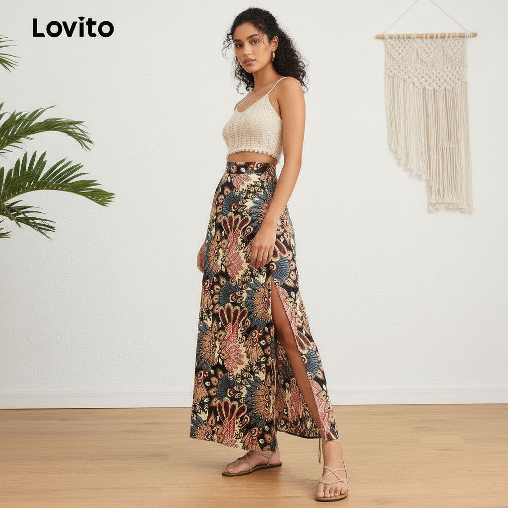 Lovito Saia feminina com estampa tribal estilo Boho e fenda frontal - L124AD1291 em Oferta na Shopee