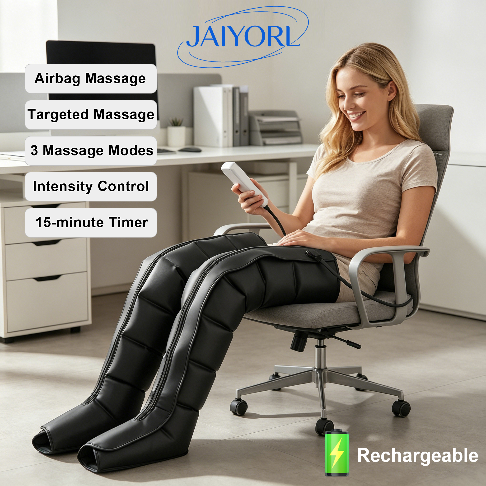 Jaiyorl Massageador de pernas recarregável para circulação e alívio da dor, sistema de recuperação por compressão de ar