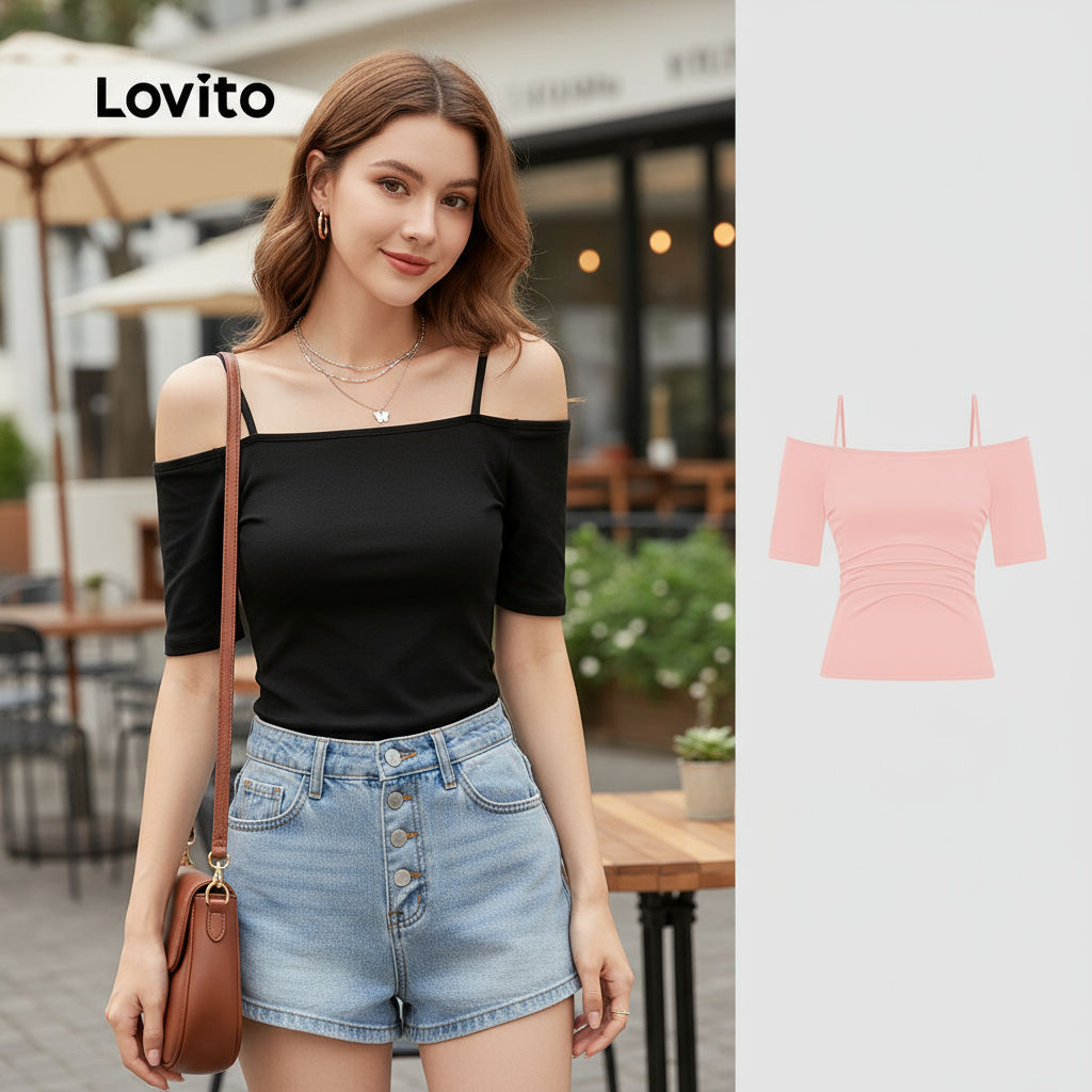 Lovito Camiseta Glamourosa Lisa Plissada Sem Costas Para Mulheres L101AD185\6