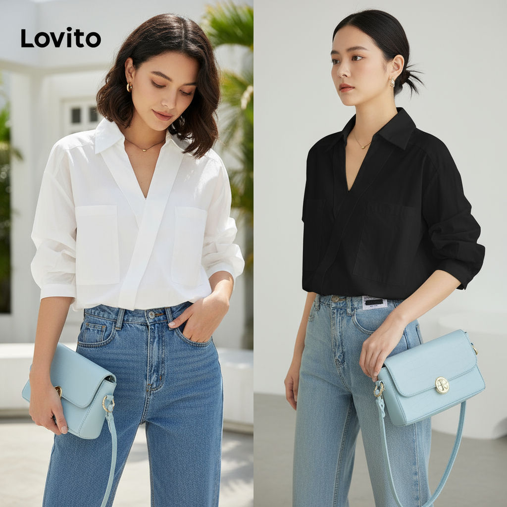Lovito Blusa Casual de Verão para Mulheres com Bolso Assimétrico LNE29139 - Branca em Oferta na Shopee