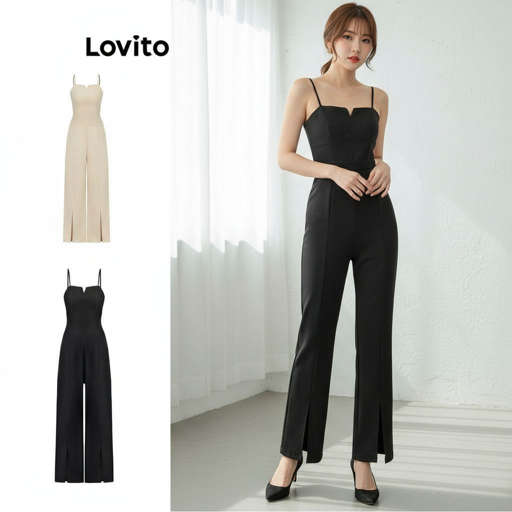 Lovito Macacão Feminino Liso com Fenda Elegante para Mulheres L80ED349 (Multicolorido)