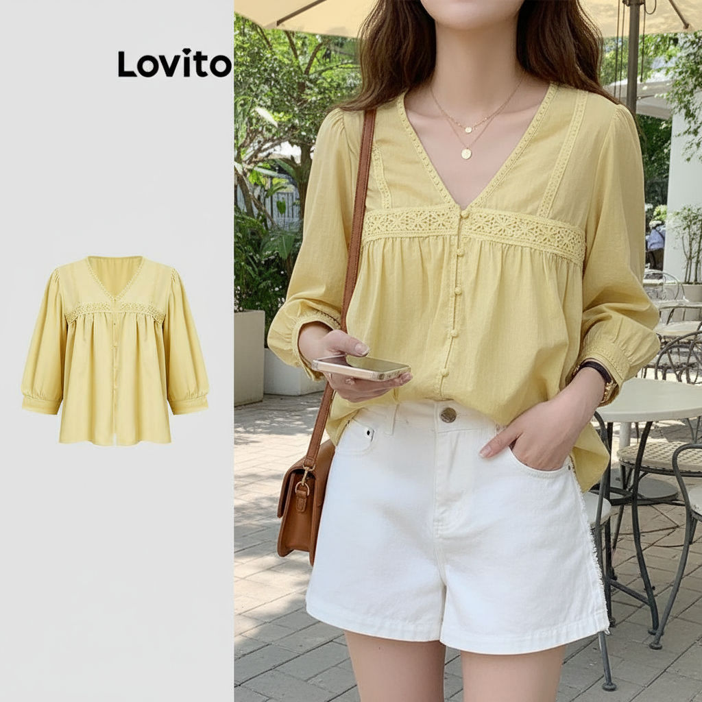 Lovito Blusa Feminina Casual Lisa com Zíper Franzido L110AD634