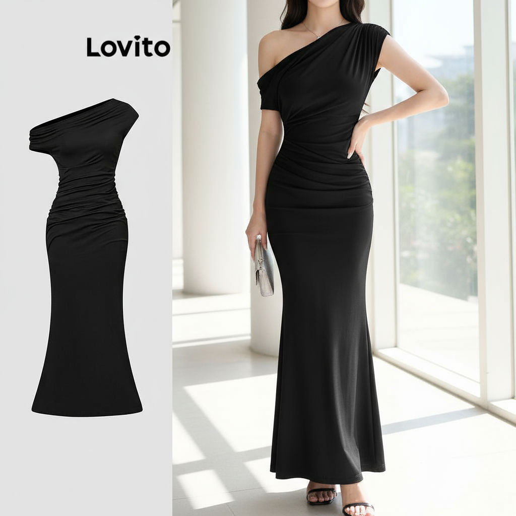 Lovito Vestido feminino elegante com design assimétrico e estilo minimalista L112ED479 em Oferta na Shopee