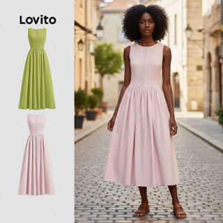 Lovito Vestido Feminino Casual Liso Primavera Verão Drapeado Botões L125AD198 em Oferta na Shopee