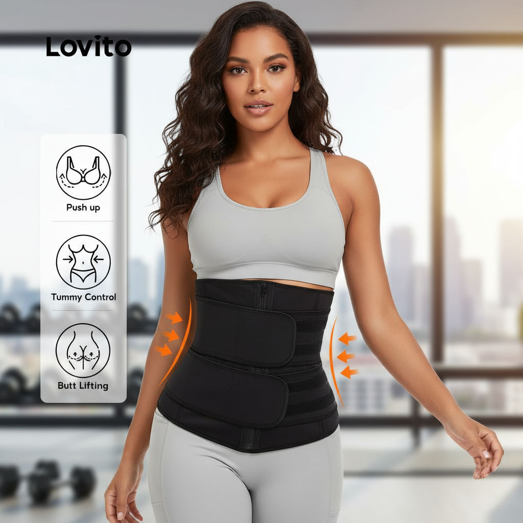 Lovito Refine Modelador Feminino Preto com Zíper Elástico Controle de Barriga 4 Direções LNE39476\3