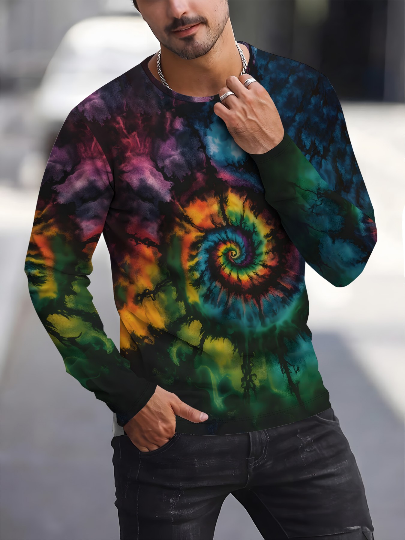 Camiseta masculina casual esportiva de manga longa com estampa 3D, ajuste respirável, lavável à máquina, poliéster