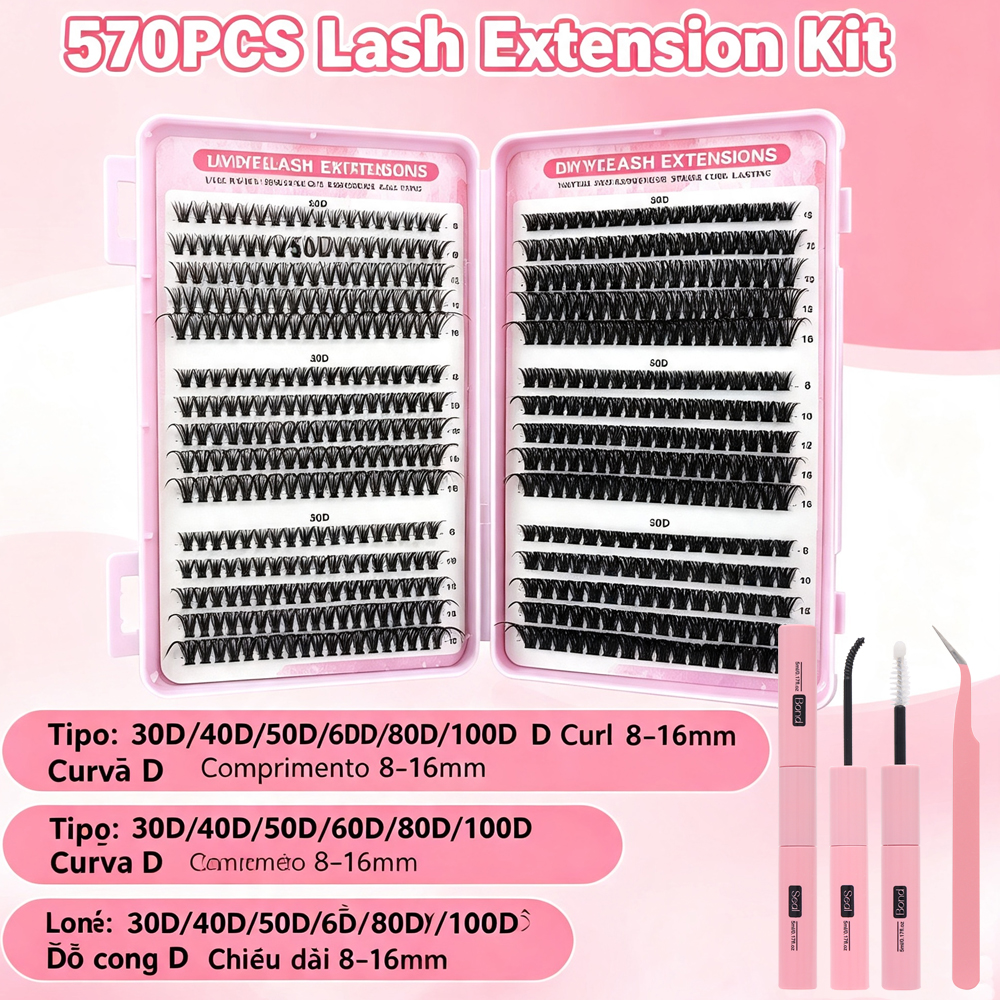 Clusters De Cílios De Volume Misto 570 Unidades-Cat Eye 30D-100D , Conjunto DIY De Extensões Individuais De Conforto Mac