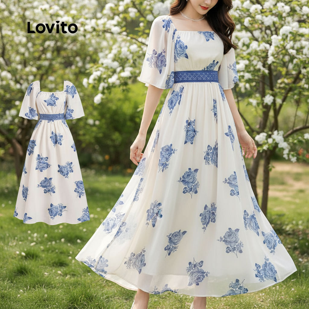 Lovito Vestido Boho Feminino com Renda em Bloco de Cores Azul e Branco para Primavera/Verão LBL27028 em Oferta na Shopee