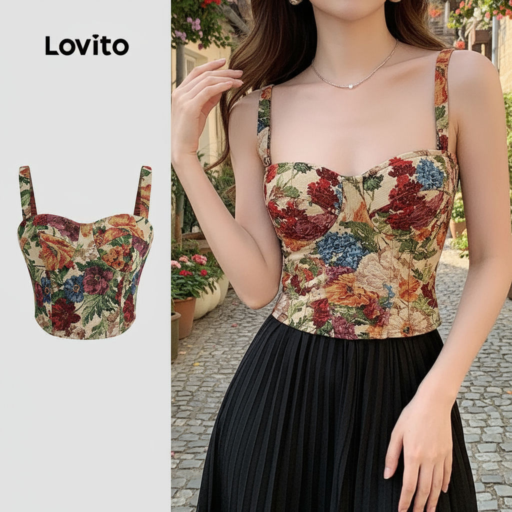 (Trendy2) Lovito Top Elegante Com Estampa Floral E Flores, Regata De Verão/primavera Para Mulheres L132ED094 em Oferta na Shopee