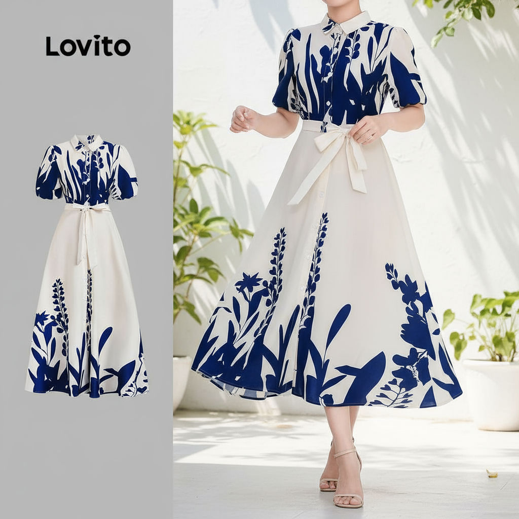 Lovito Vestido Casual Azul Com Botões Florais E Amarração Frontal Para Primavera/verão Feminino LBL24520