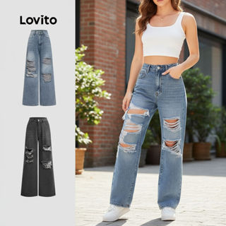 Jeans feminino casual rasgado Lovito para mulheres L105MD065 em Oferta na Shopee