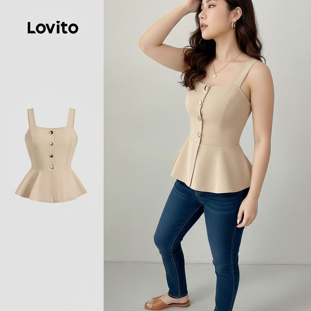 Lovito Camisa Feminina Casual Leve com Botão Frontal Confortável para Primavera/Verão Cáqui Claro L138ED145 em Oferta na Shopee