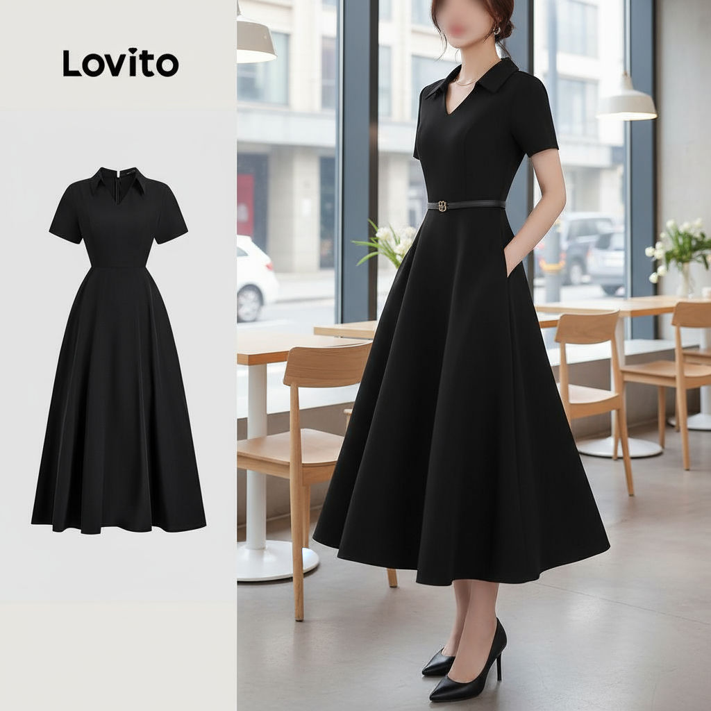 Lovito Vestido Casual com Bolsos Clássico e Versátil Preto para Mulheres Primavera/Verão L138ED216 em Oferta na Shopee