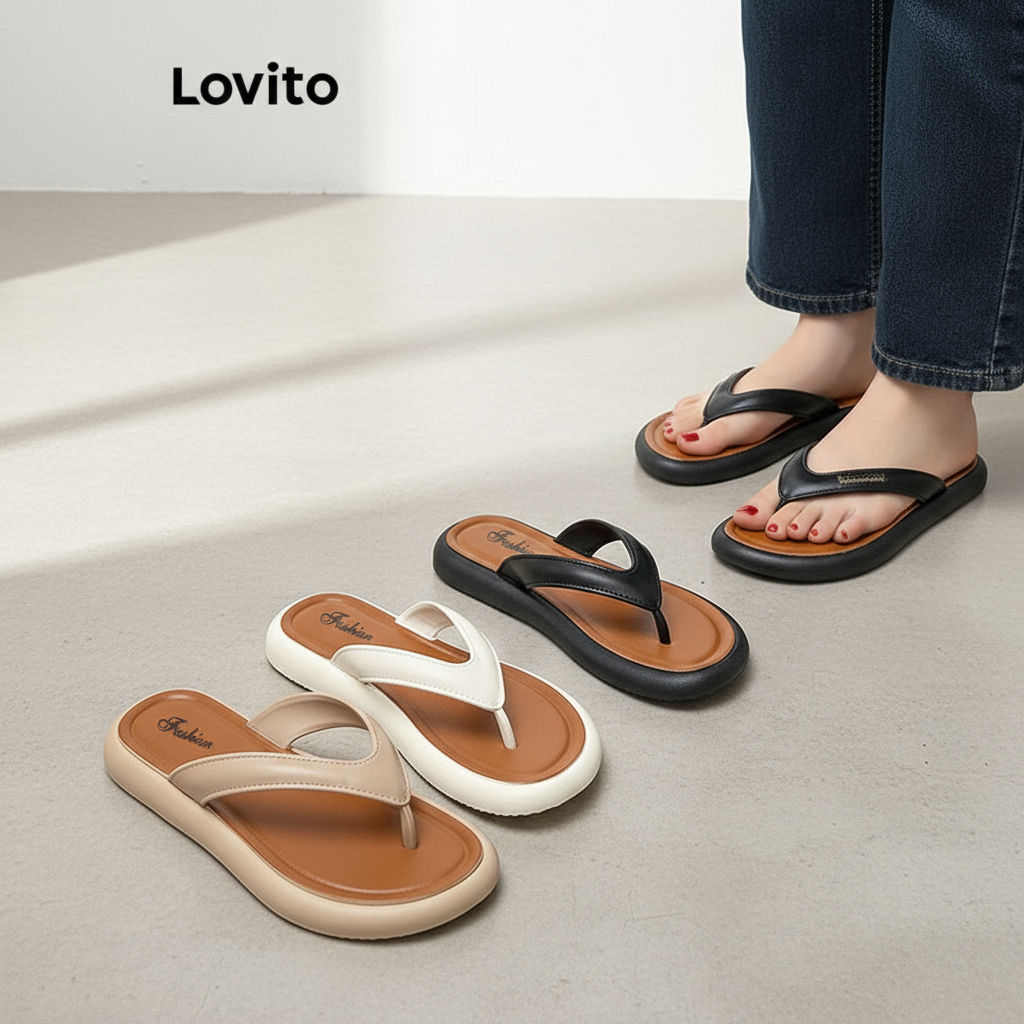 Lovito Sandália feminina antiderrapante lisa, ideal para uso externo, design colorblock, modelo plano LFA70158 em Oferta na Shopee