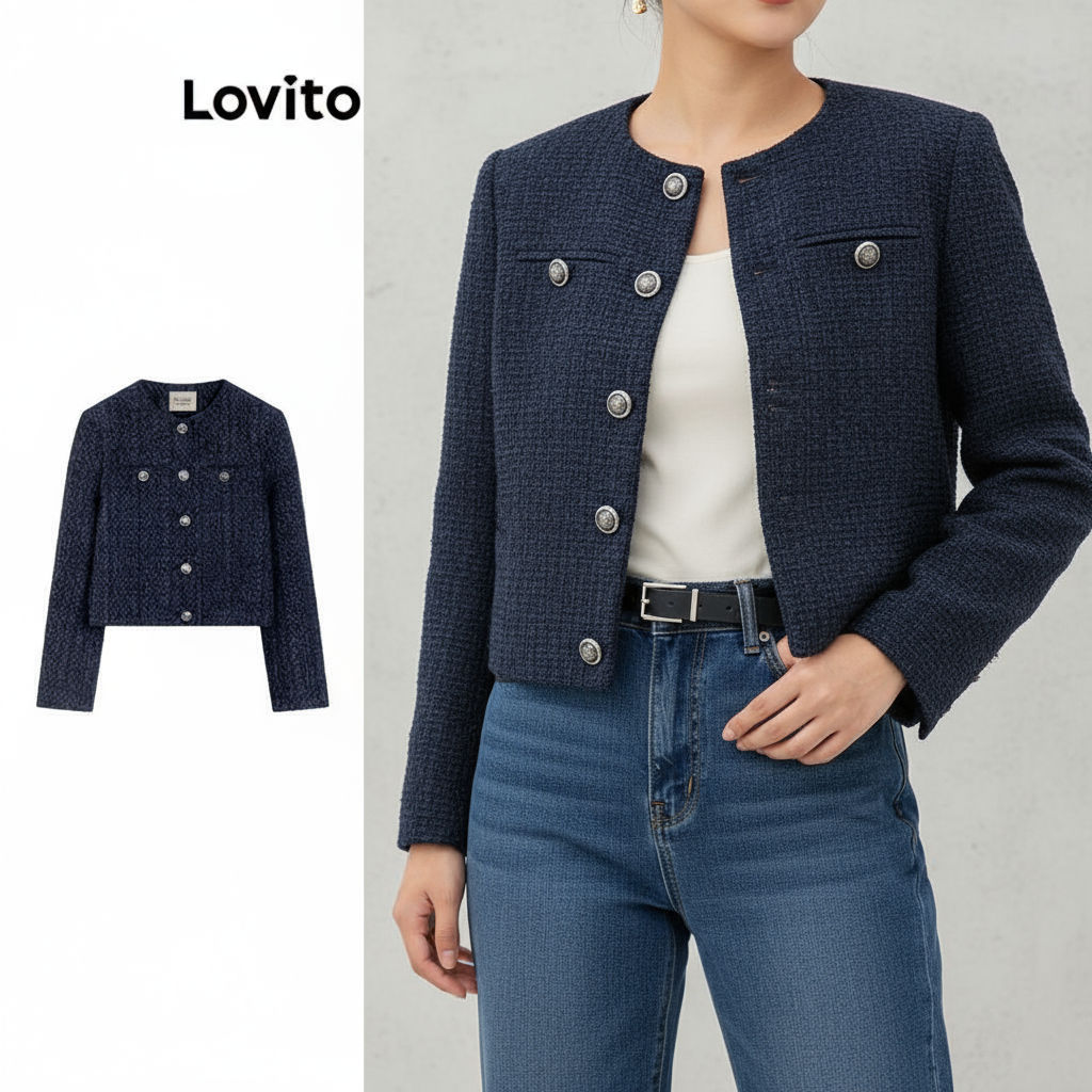 Lovito Jaqueta Casual Com Padrão Liso Para Mulheres LNA79082\3 em Oferta na Shopee