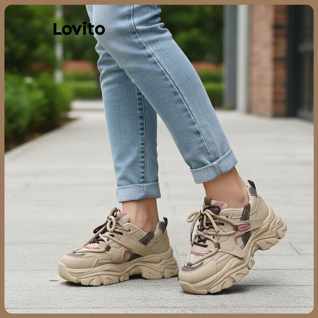 Lovito Tênis Feminino Casual Respirável em Malha com Cadarço e Sola Grossa Retrô LFA43373 em Oferta na Shopee