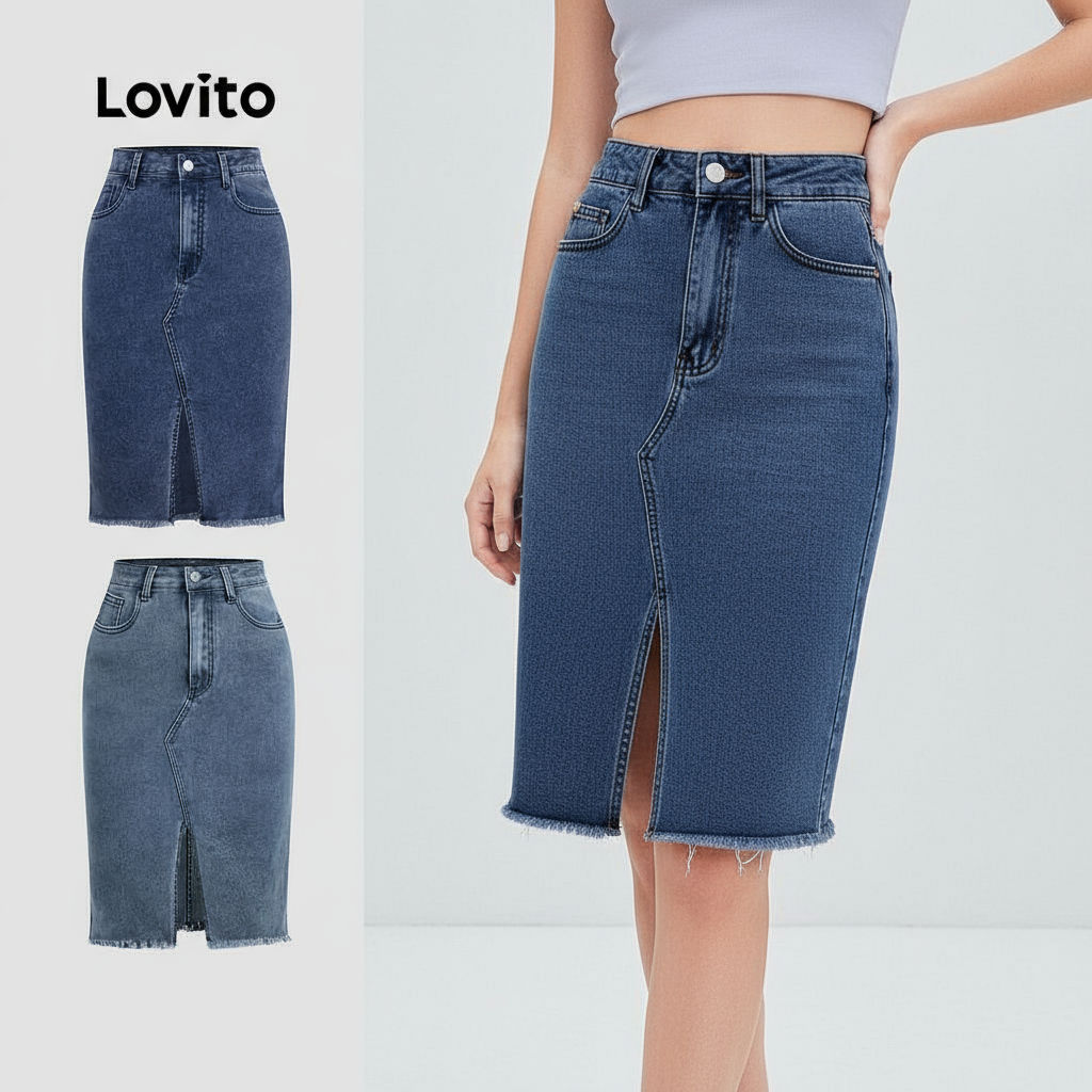 Lovito Saia Casual Lisa Com Fenda Verão/primavera Saia Jeans Para Mulheres L131ED328\2 em Oferta na Shopee