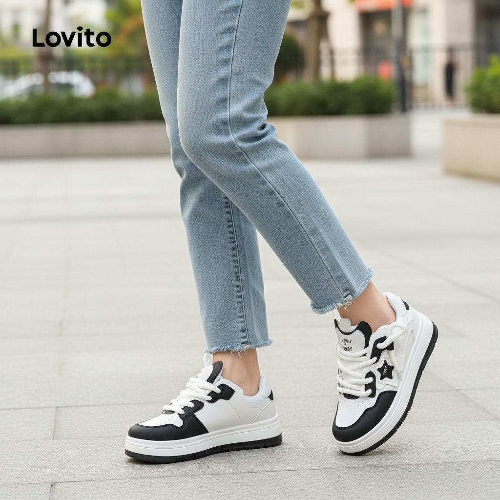Lovito Casual Tênis Feminino Básico com Amarração LFA23222 em Oferta na Shopee