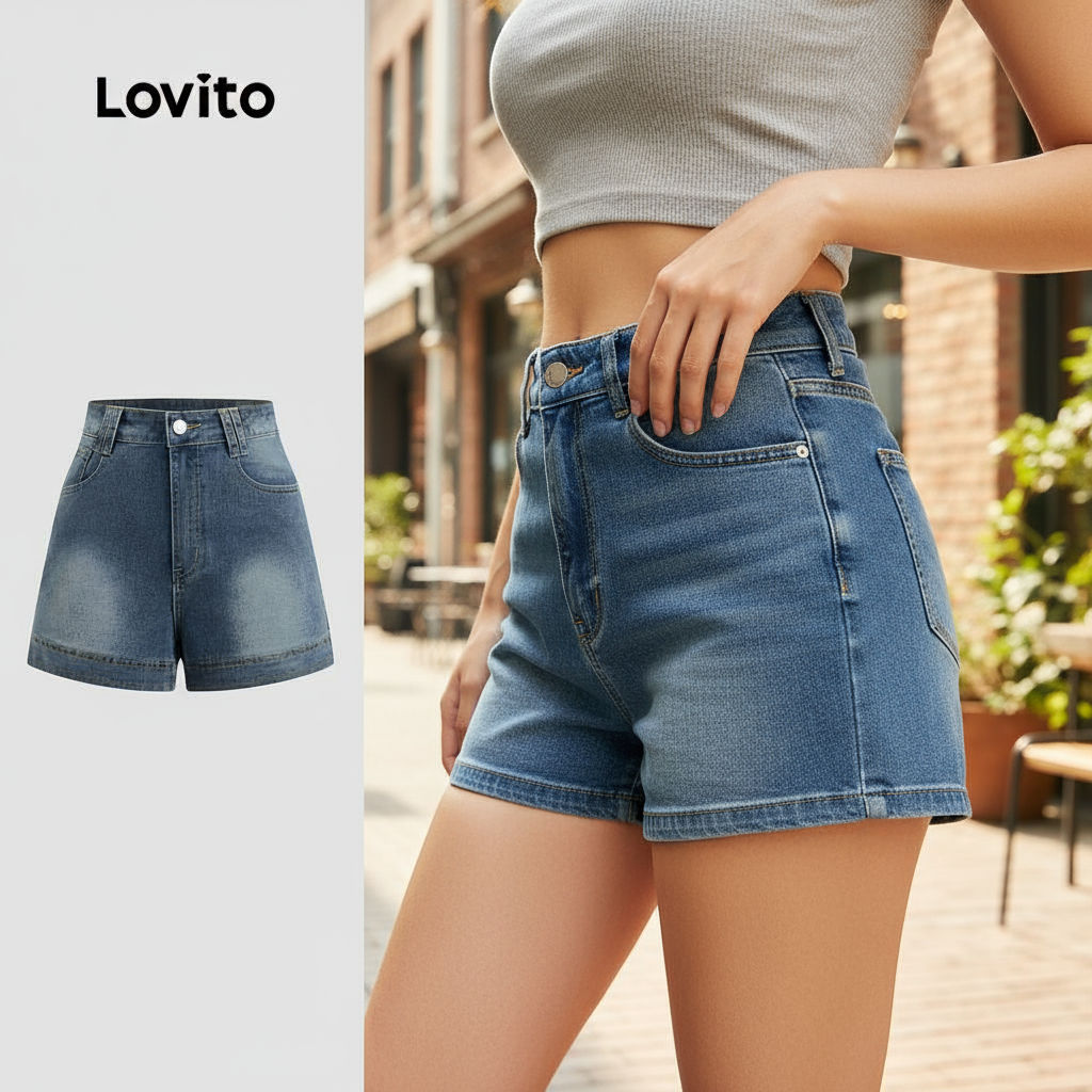 Lovito Jeans Curto Feminino com Bolso Liso para Verão/Primavera L131LD1328