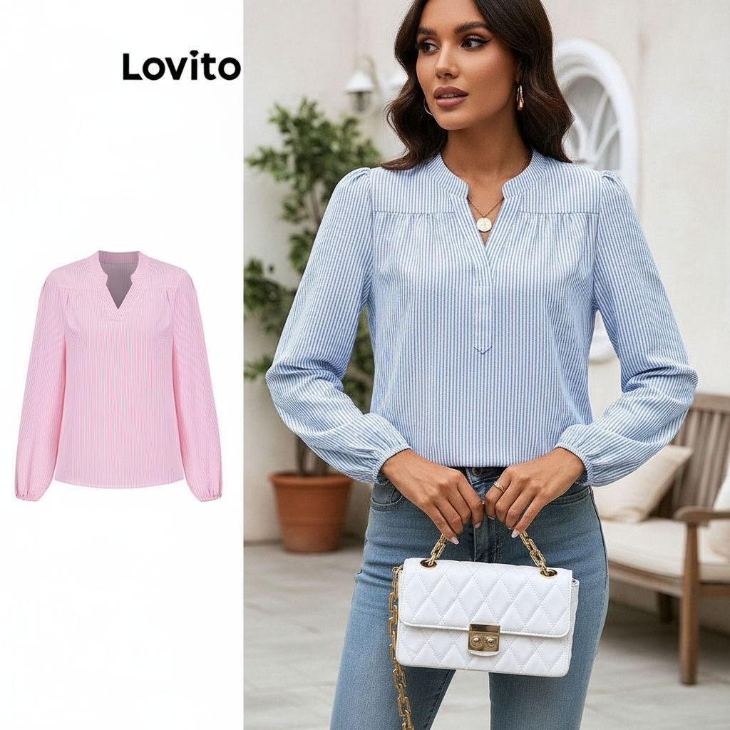 Blusa Casual Lovito Feminina Listrada com Estrutura em Linha Plissada para Verão/Primavera LBL11041 (Multicolorida) em Oferta na Shopee