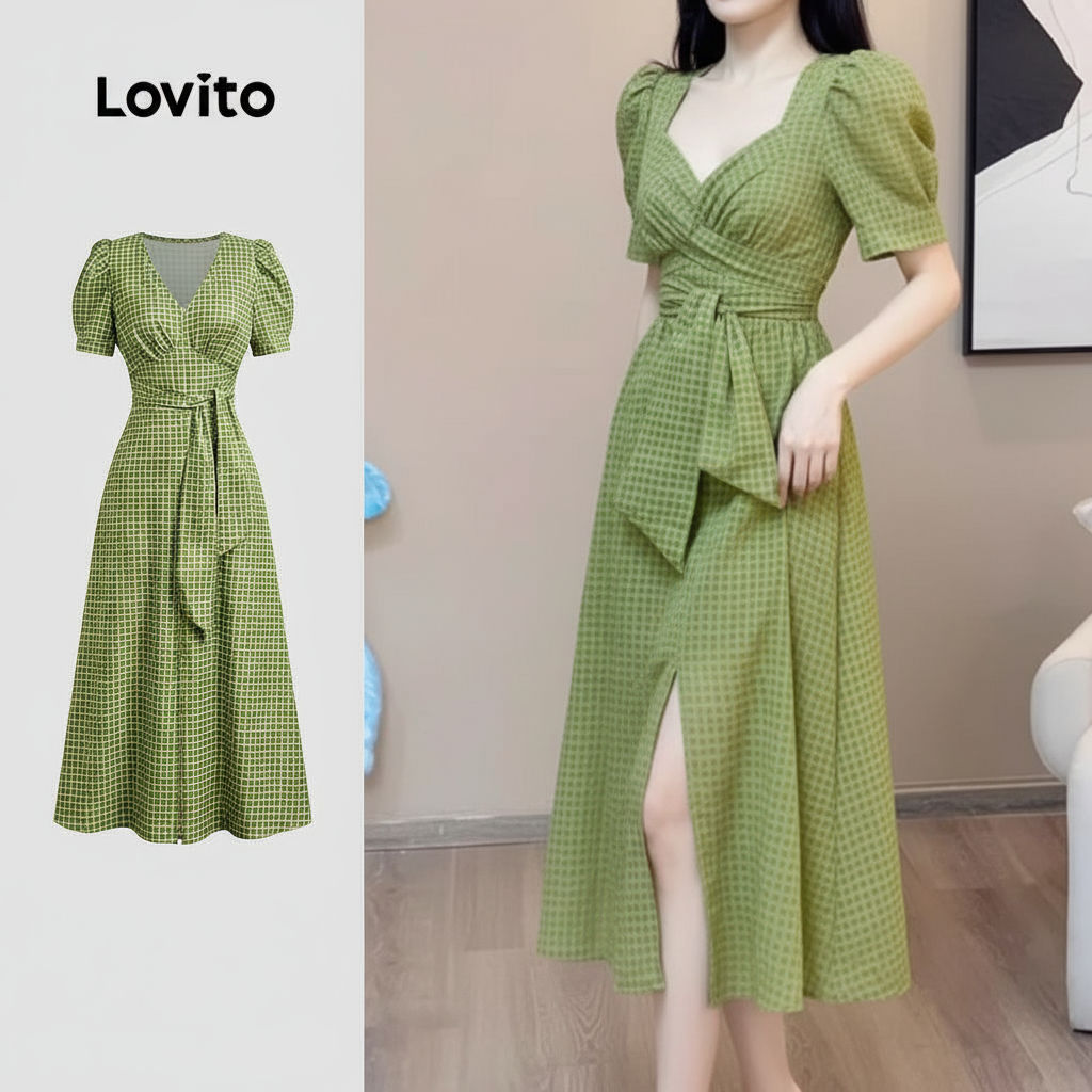 Lovito Vestido Verde Feminino Casual com Cadarço Frontal e Corte Dividido para Primavera/Verão em Oferta na Shopee