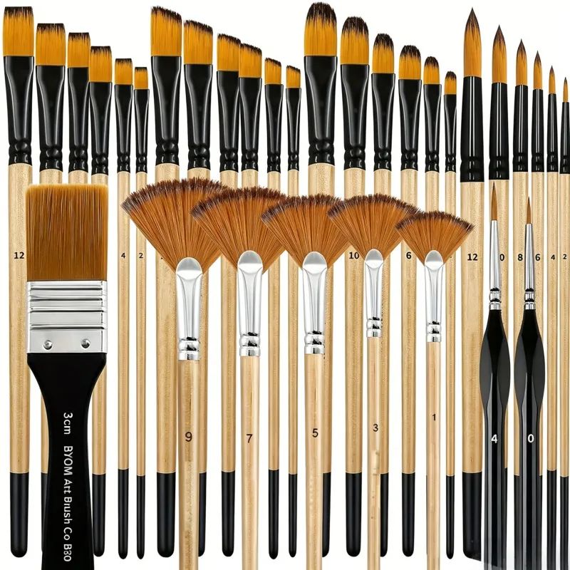 Pincéis Artísticos 32 Unidades de Cerdas Sintéticas - Redondos/Filbert/Língua de Gato/Leque/Chanfrados/Detalhamento