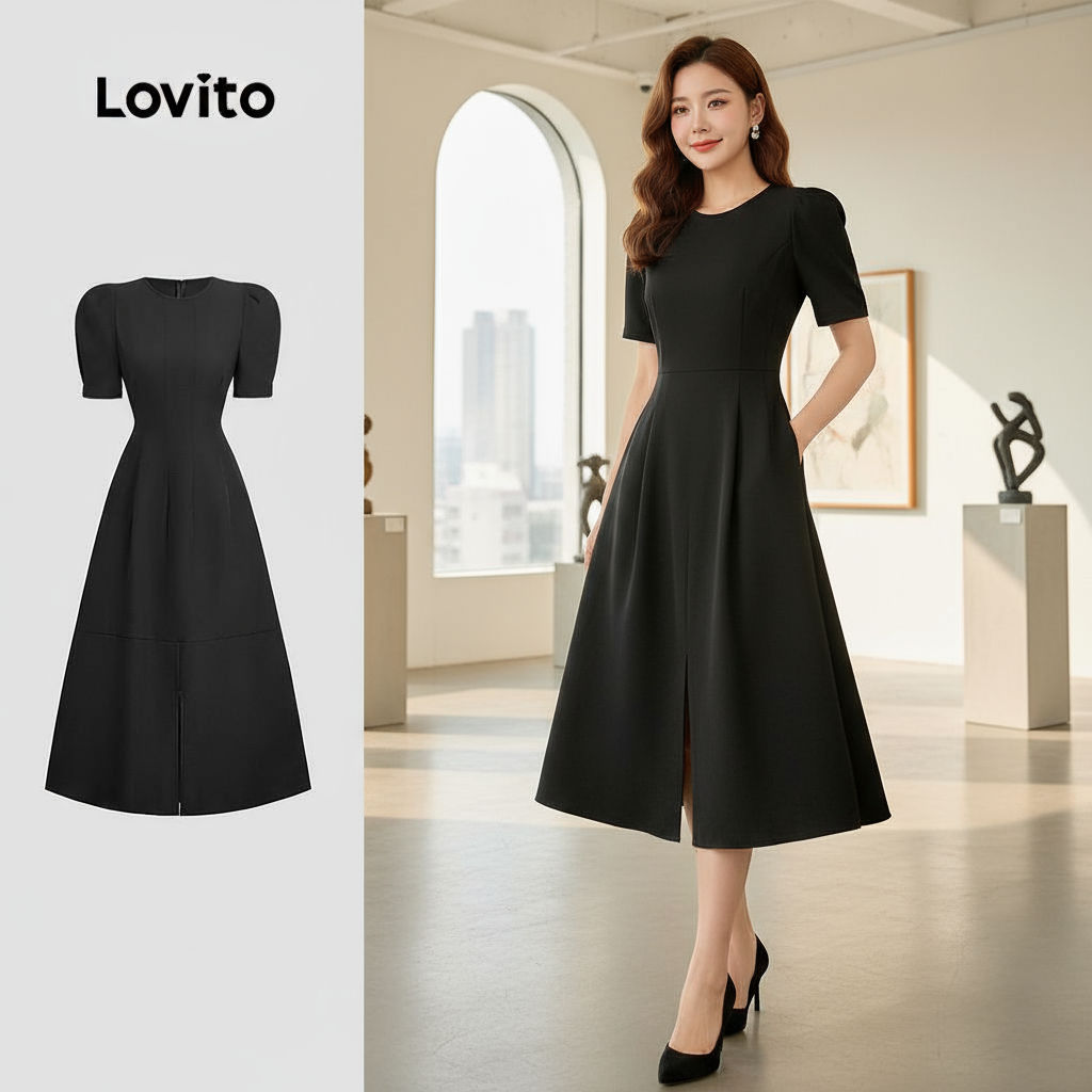 Lovito Vestido Elegante com Divisão Estrutura de Linha Primavera/verão Vestido Preto para mulheres L155AD1566\2