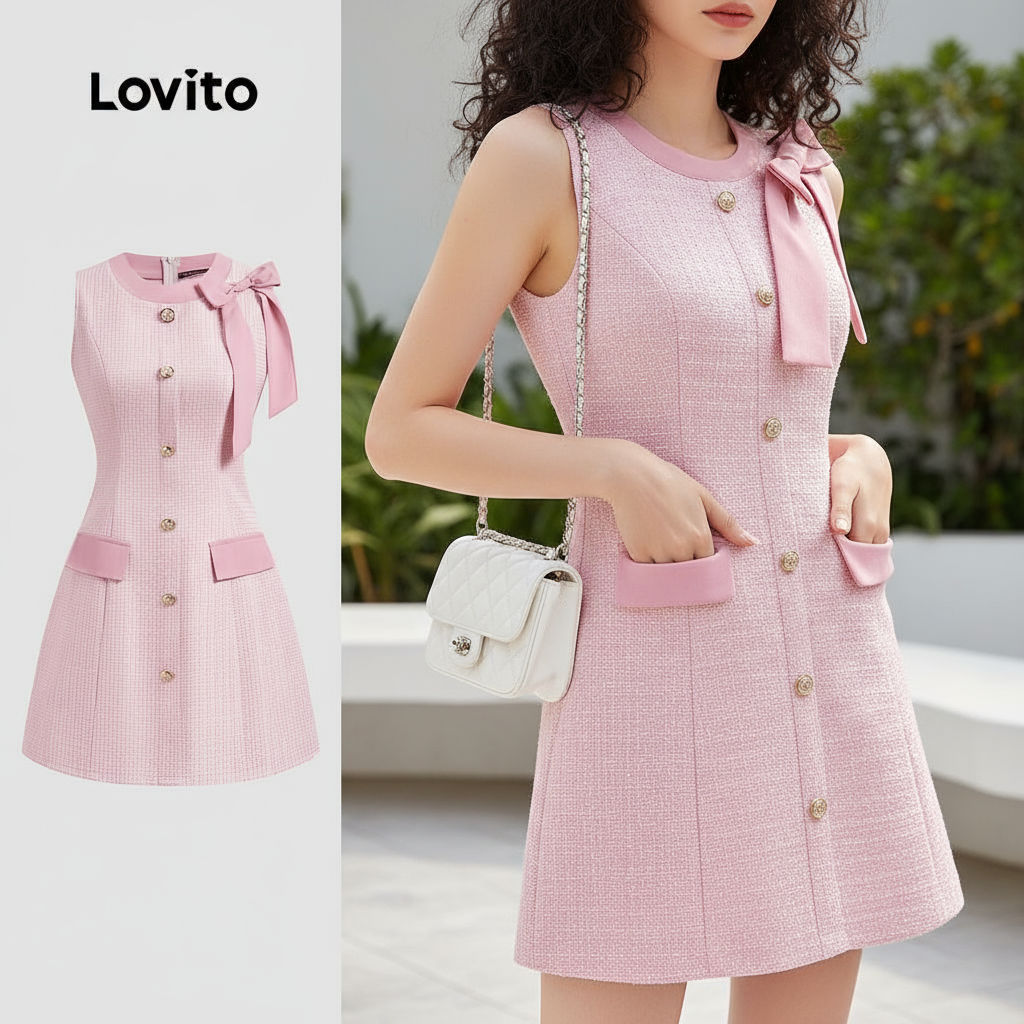 Lovito Vestido Feminino Elegante Colorblock Liso com Botão Frontal e Laço L132ED695 em Oferta na Shopee