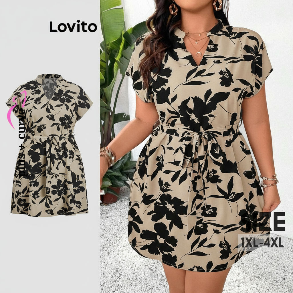 Lovito Vestido Feminino Plus Size Estampa Floral Com Cinto Moda Verão LBL20284 em Oferta na Shopee