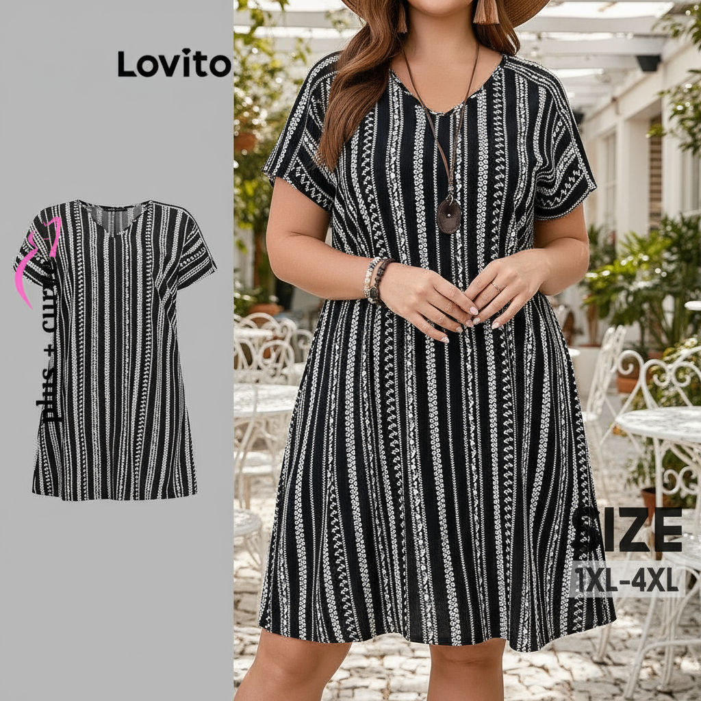 Lovito Vestido Plissado Boho Tribal Plus Size Para Mulheres Curvo LBL18338\3 em Oferta na Shopee