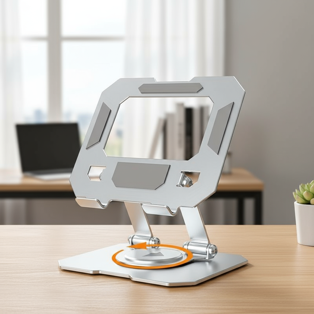  Suporte de Mesa de Metal Rotativo 360° Ajustável e Dobrável com Suporte de Resfriamento para Tablet, Celular e Laptop
