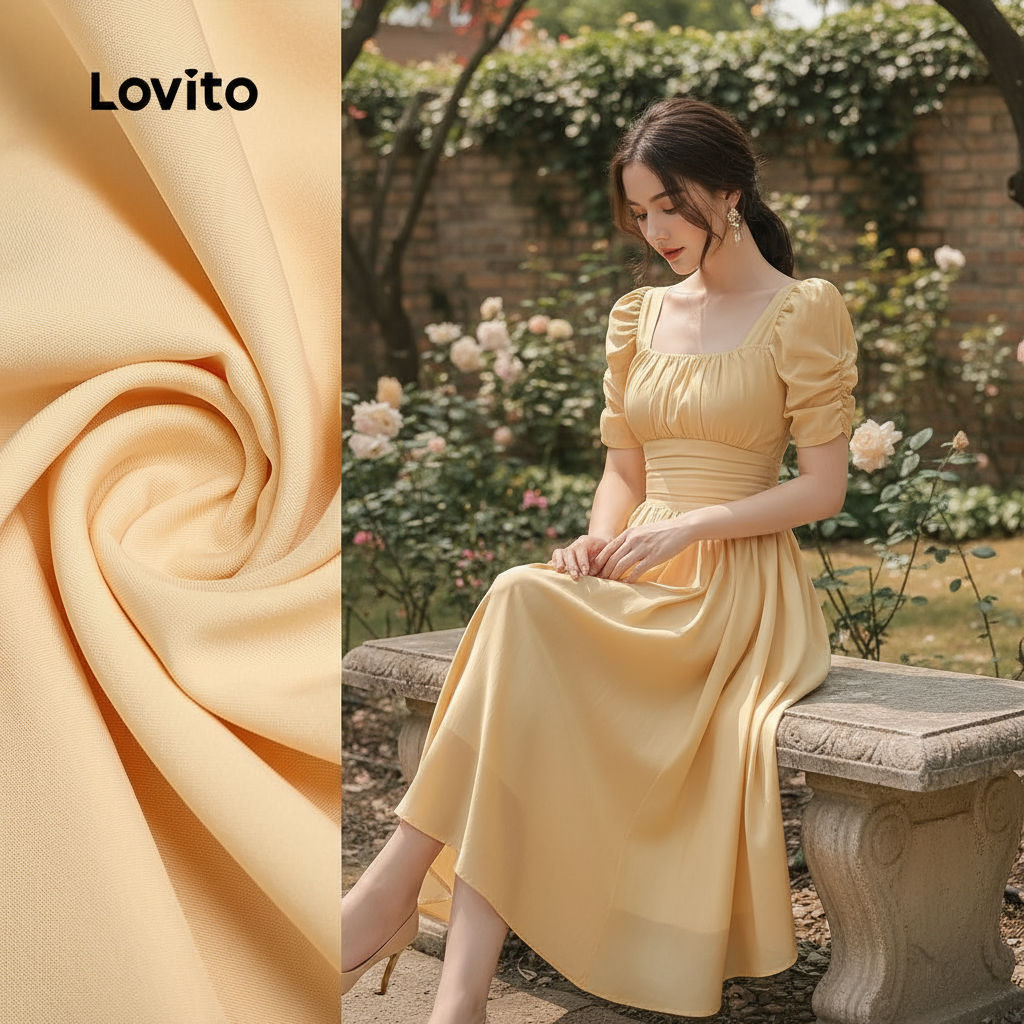 Lovito Vestido Feminino com Pregas Elegantes e Textura Refinada em Amarelo para Primavera/Verão L137LD391 em Oferta na Shopee