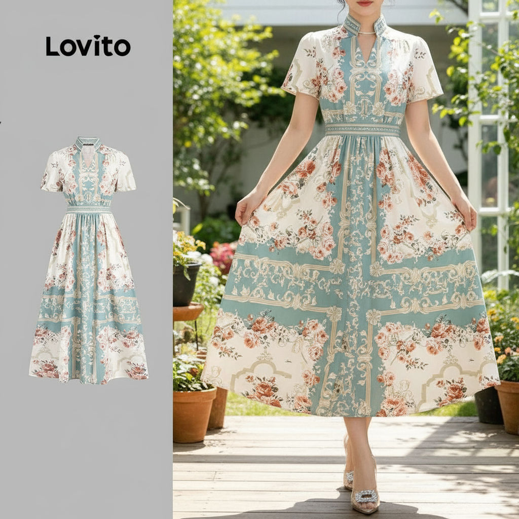Lovito Vestido Elegante com Estampa Geométrica de Linhas, Toque Suave para Primavera/Verão LBL26113 em Oferta na Shopee