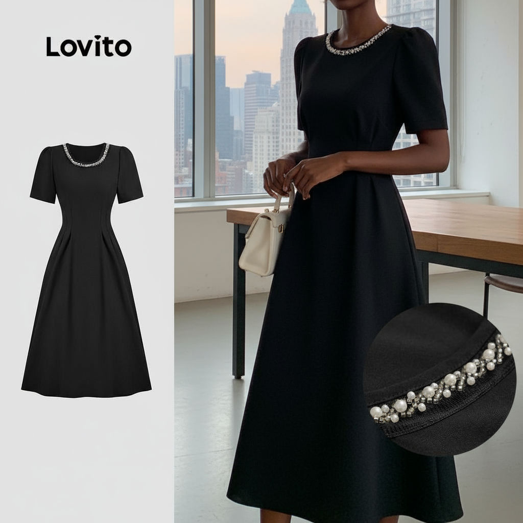 Lovito Vestido Feminino Elegante com Pérolas Vestido Preto para Primavera/Verão, Tecido Macio e Confortável L137ED163 em Oferta na Shopee