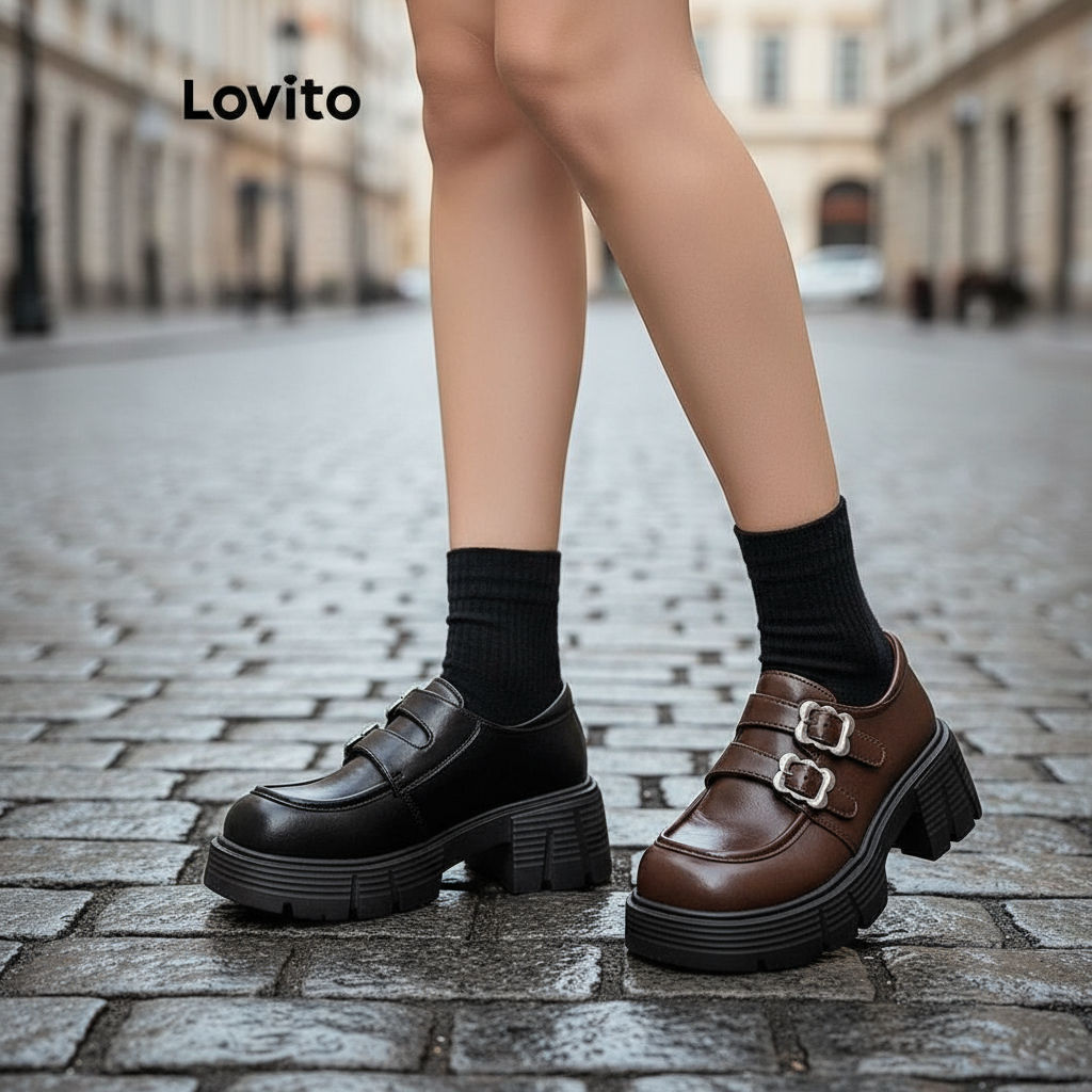 Lovito Vintage Sweet Cool Sola grossa Alças duplas Estilo britânico Outfit Mary Jane para mulheres LFA58274\2 em Oferta na Shopee