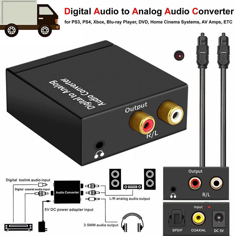 Conversor de Áudio Digital para Analógico 3.5mm Jack 2RCA para Áudio de TV Digital Coaxial Óptico Fiber