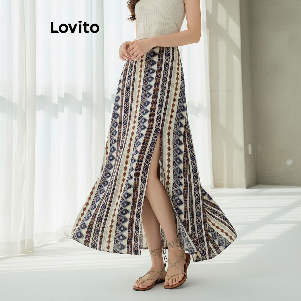 Lovito Saias Boho Estampada Frente Dividida para Mulheres L113MD287 em Oferta na Shopee