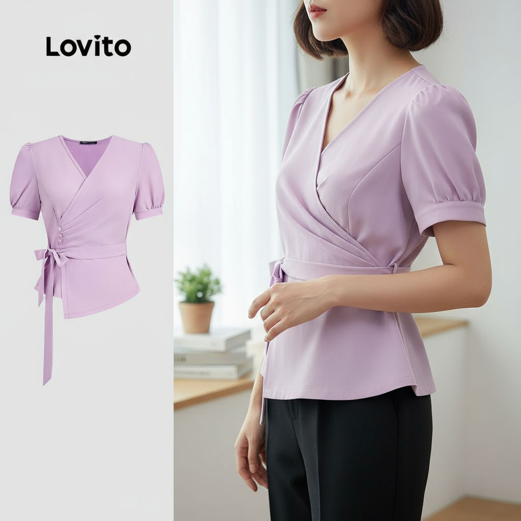 Lovito Blusa Feminina Elegante em Roxo com Botões Lisos e Cadarço, Ideal para Primavera/Verão L134ED818