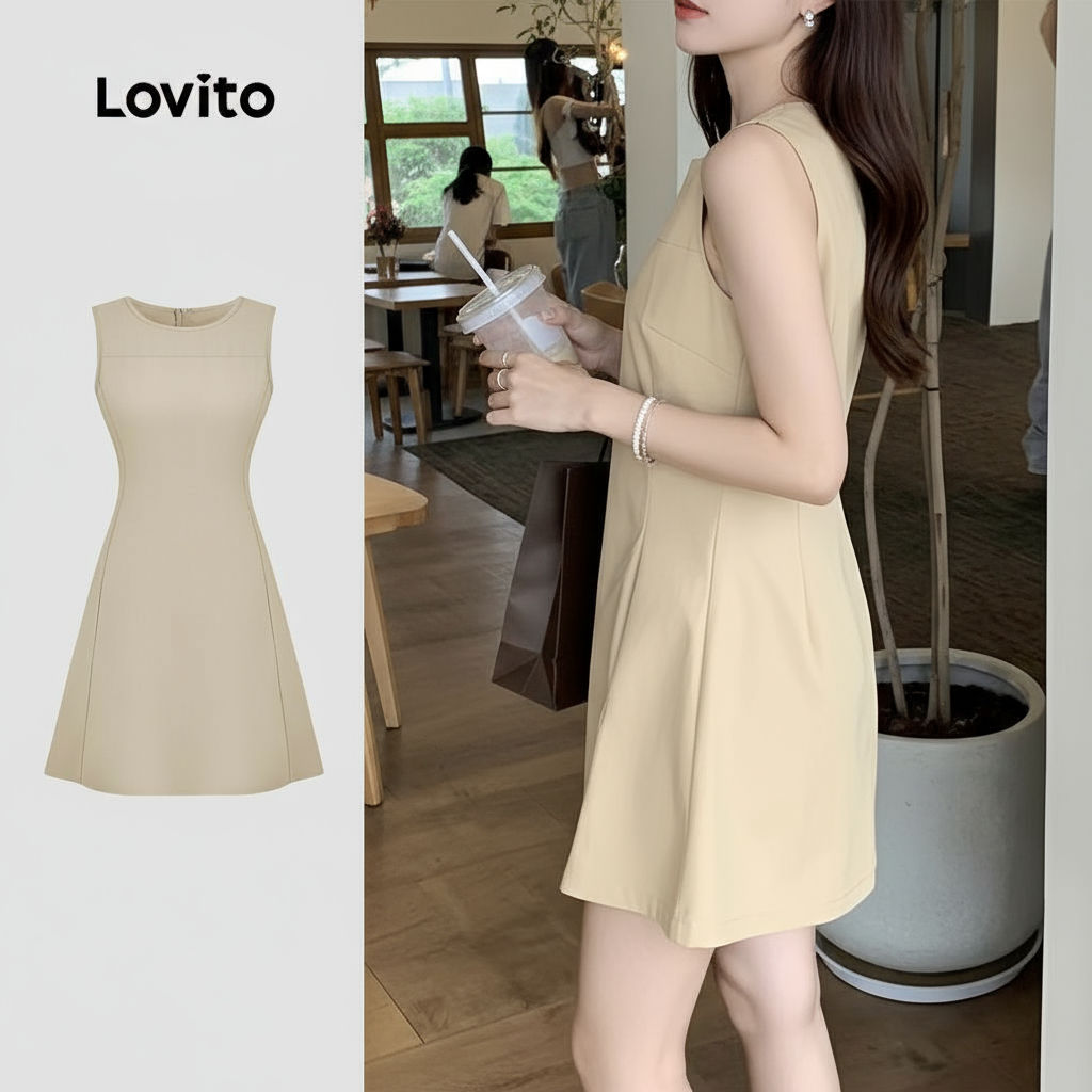 Lovito Vestido Feminino Casual com Zíper e Bolso, Tecido Macio e Confortável, Cáqui, Primavera/Verão L137ED439