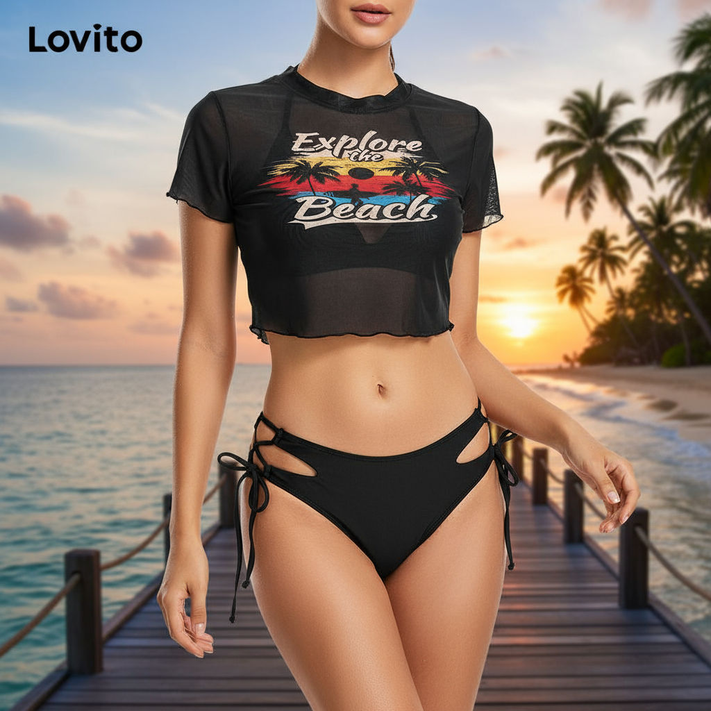 Lovito Conjunto Boho com Recortes em Malha e Letras para Verão/Primavera, Biquíni Feminino LBL19756 em Oferta na Shopee