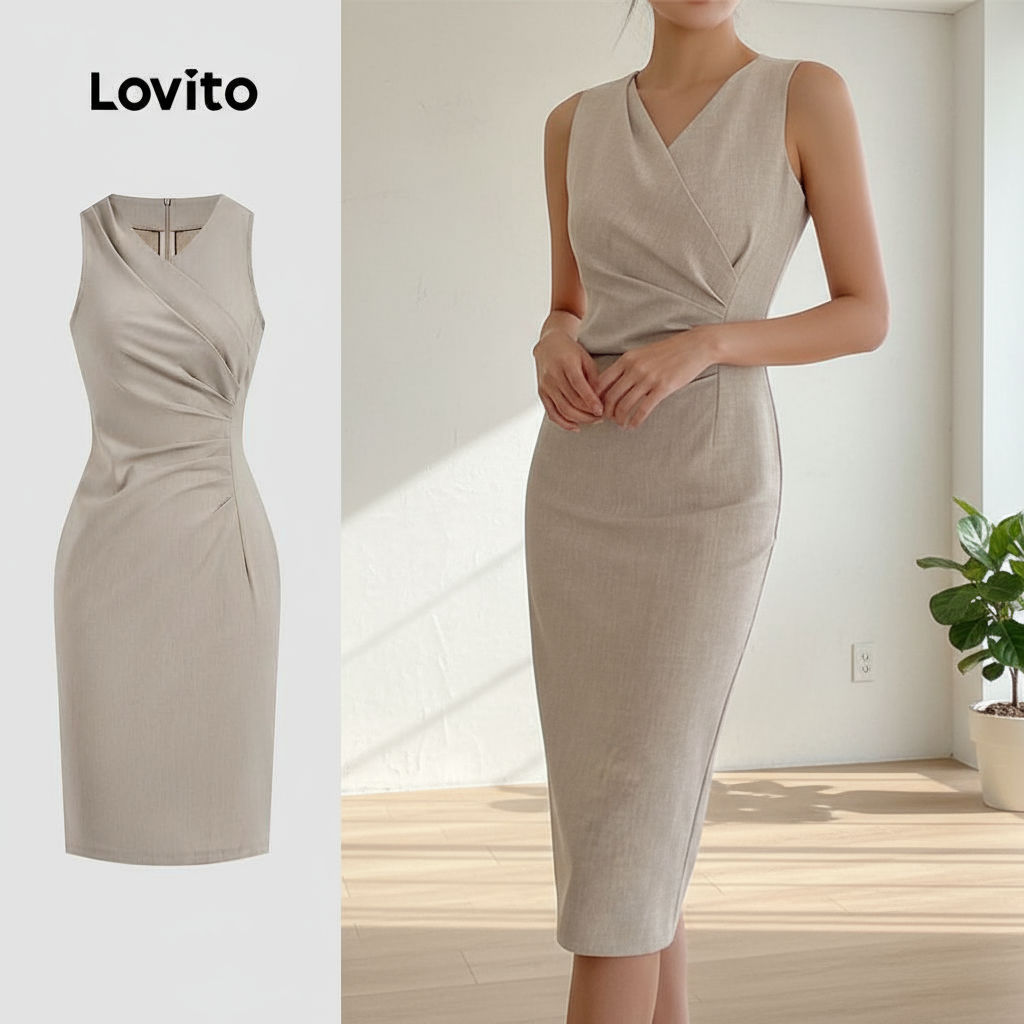 Lovito Vestido feminino elegante plissado com design minimalista L123ED629 em Oferta na Shopee