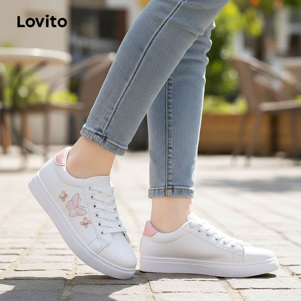 Lovito Tênis Feminino Casual com Estampa de Borboleta e Colorblock Antiderrapante e Sola Macia LFA45502 em Oferta na Shopee