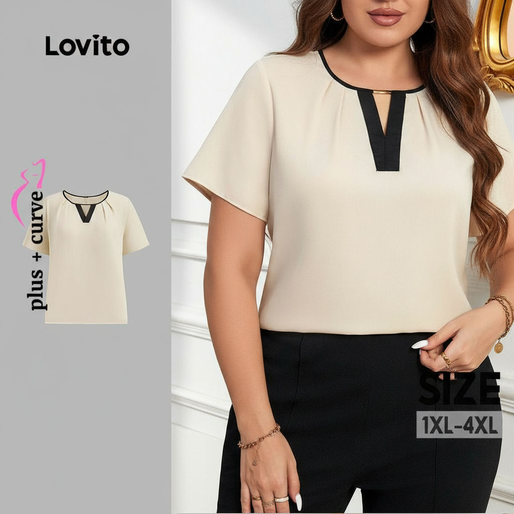 Lovito Blusa Feminina Plus Size Curve Elegante Lisa Colorida para Verão e Primavera LBL24306 em Oferta na Shopee