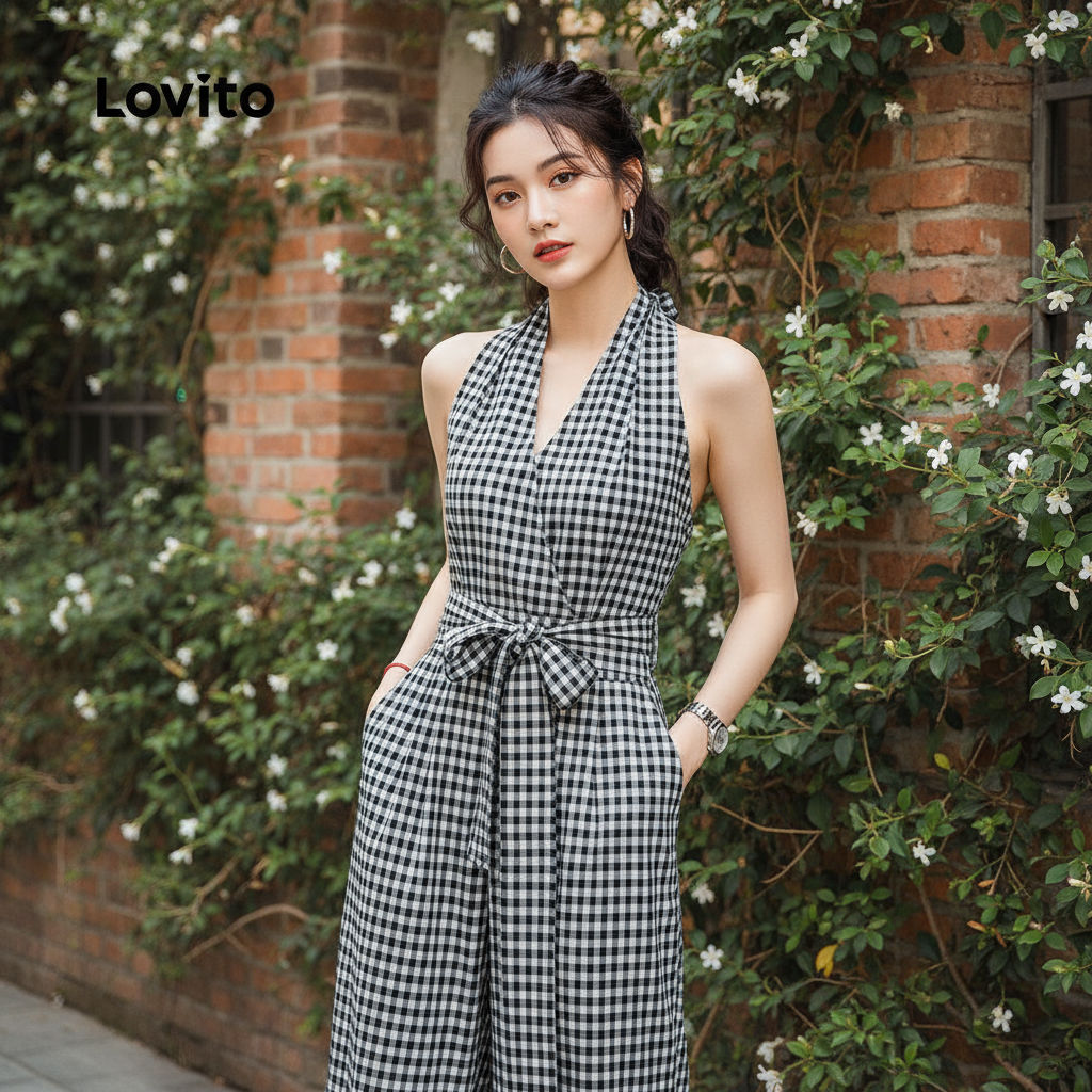 Lovito Macacão elegante com gravata frontal em guingão para mulheres L132ED102\3