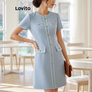 Lovito Vestido Feminino Com Bolso Falso e Botão Frontal para Verão e Primavera, Estilo Elegante, LNE59301 em Oferta na Shopee