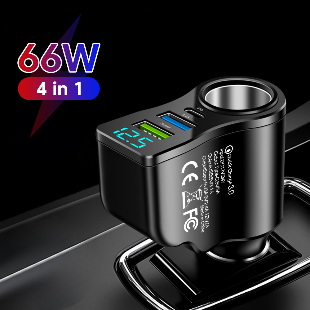 66W Carregador de Carro USB/Type C Carregador de Carro Display de Dados Carregador de Celular USB Duplo Multifuncional
