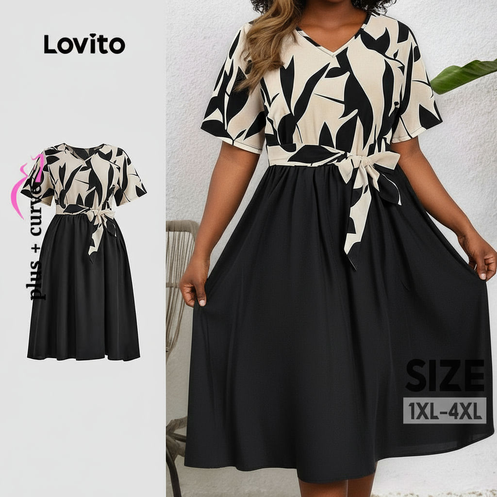 Lovito Vestido Feminino Plus Size Estampa Floral Cinto Costura Tecido Verão/Primavera LBL22179 em Oferta na Shopee