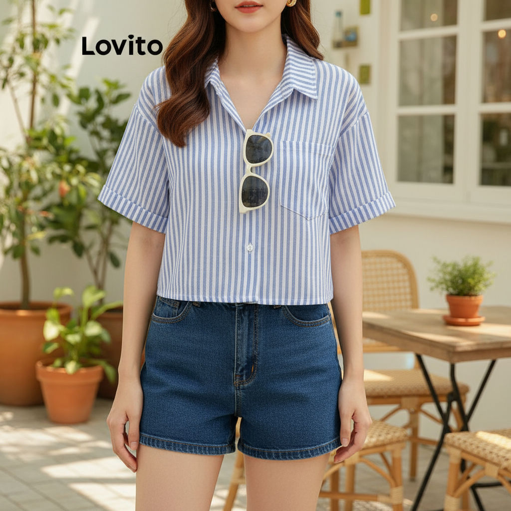 Blusa feminina Lovito casual com listras e botões frontais L106AD313 em Oferta na Shopee